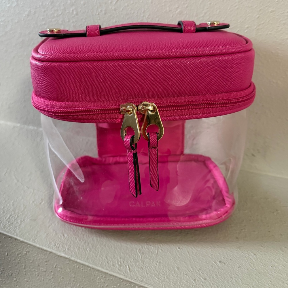 Calpak Clear Train Case with Top Compartment in Dragonfruit